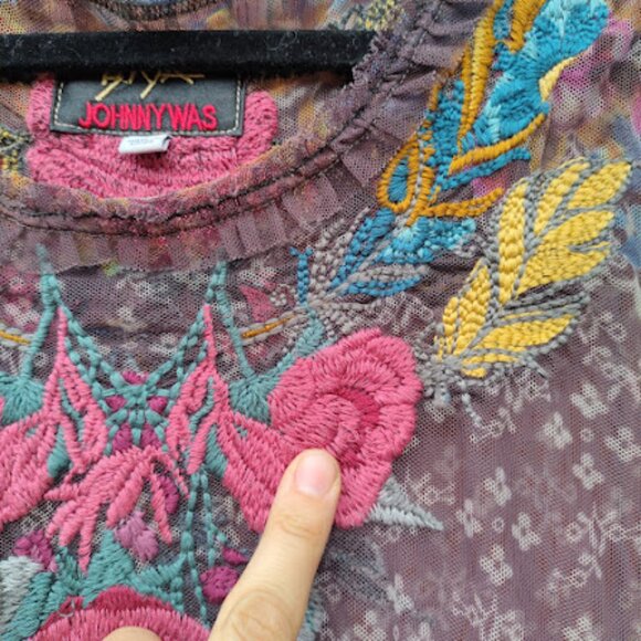 BIYA JOHNNY WAS | Sheer Mesh Floral Embroidered Balloon Sleeve Brown Dress S - Picture 6 of 16